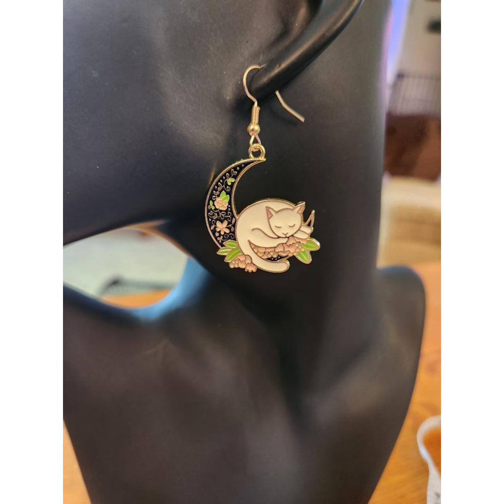 Dangle Earrings White Cat on the Moon